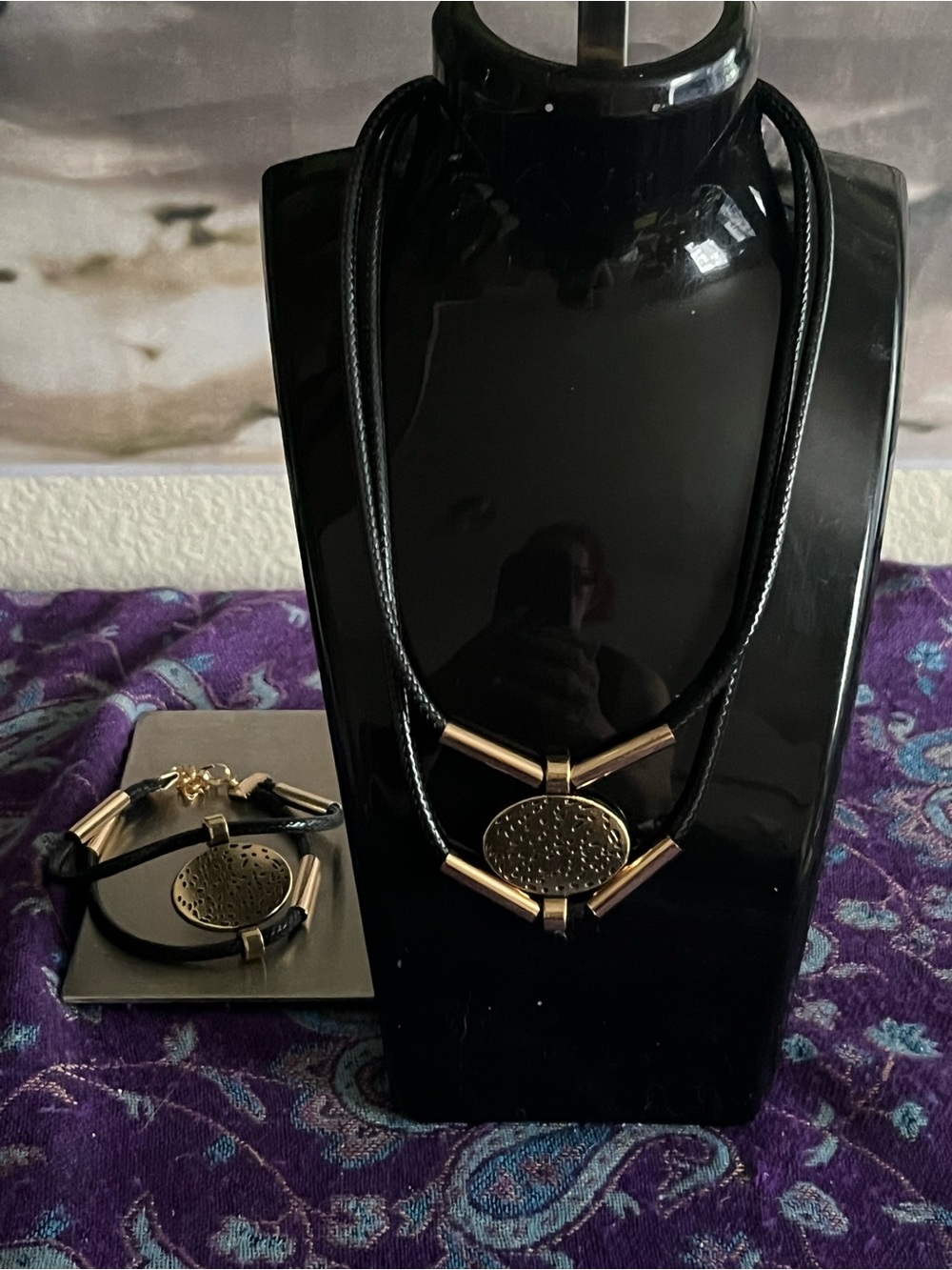 Black and Gold Statement Necklace and Bracelet Set